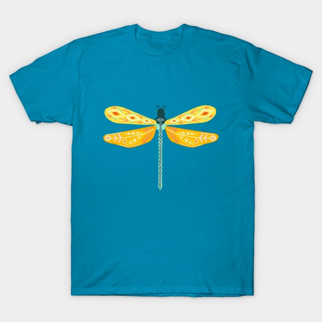 Folk Art Dragonfly - Yellow & Teal T-Shirt by tangerinetane